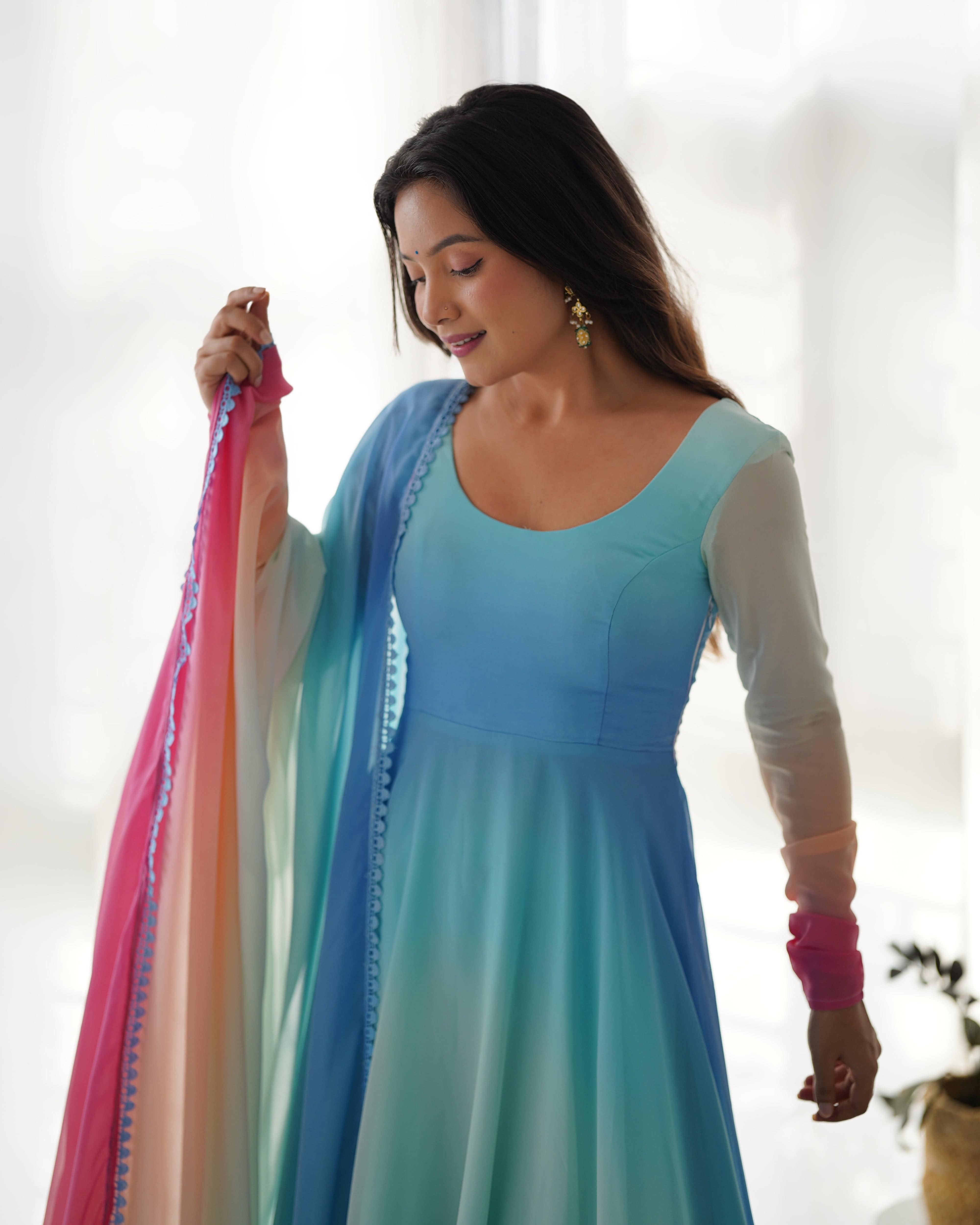 This Colorful Lightweight & Fresh Look Outfit - Pure Soft Fox Georgette Fully Flared Anarkali with Dupatta Set and Pants, Ready to Wear - Perfect for Upcoming Festivities and Weddings