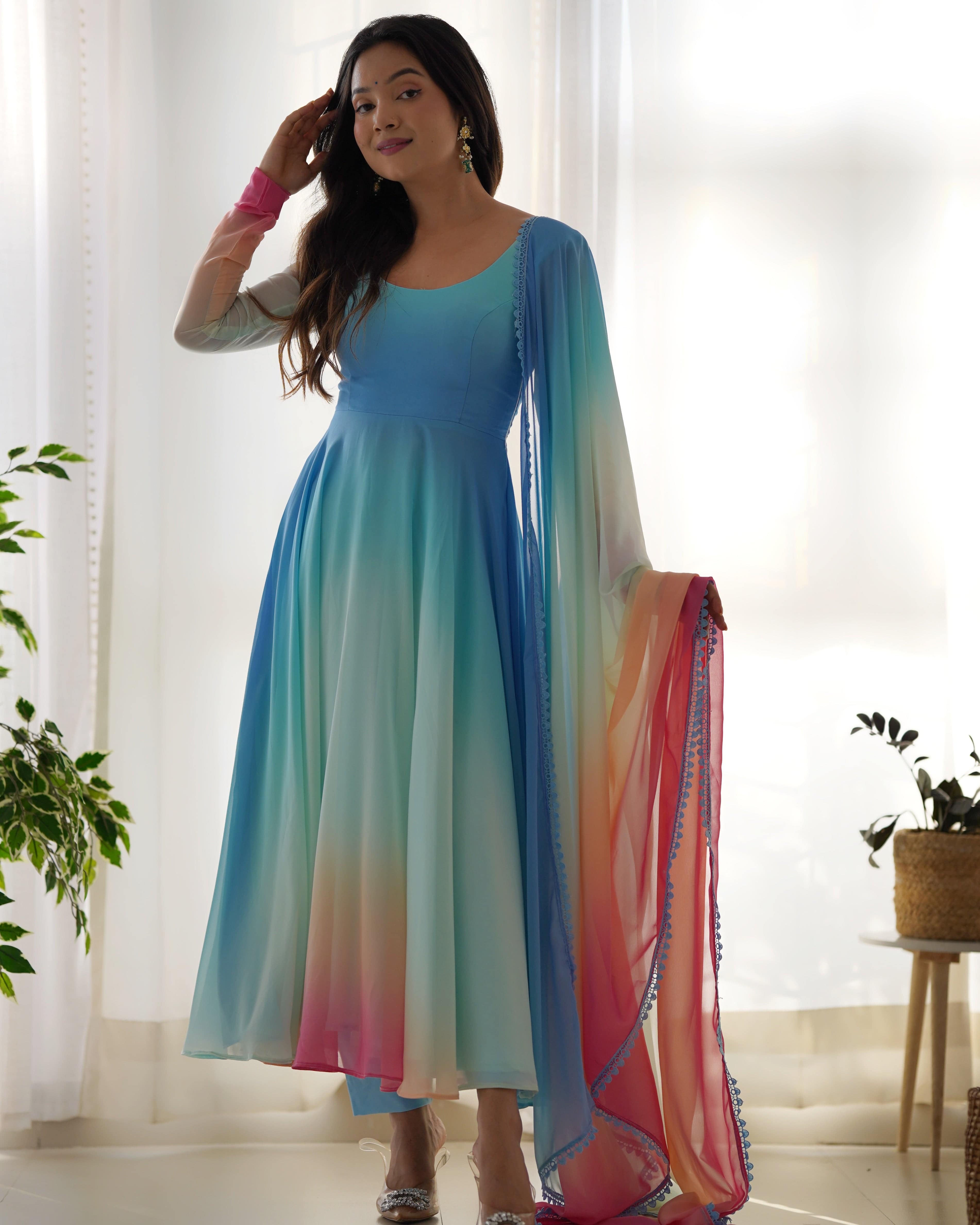 This Colorful Lightweight & Fresh Look Outfit - Pure Soft Fox Georgette Fully Flared Anarkali with Dupatta Set and Pants, Ready to Wear - Perfect for Upcoming Festivities and Weddings