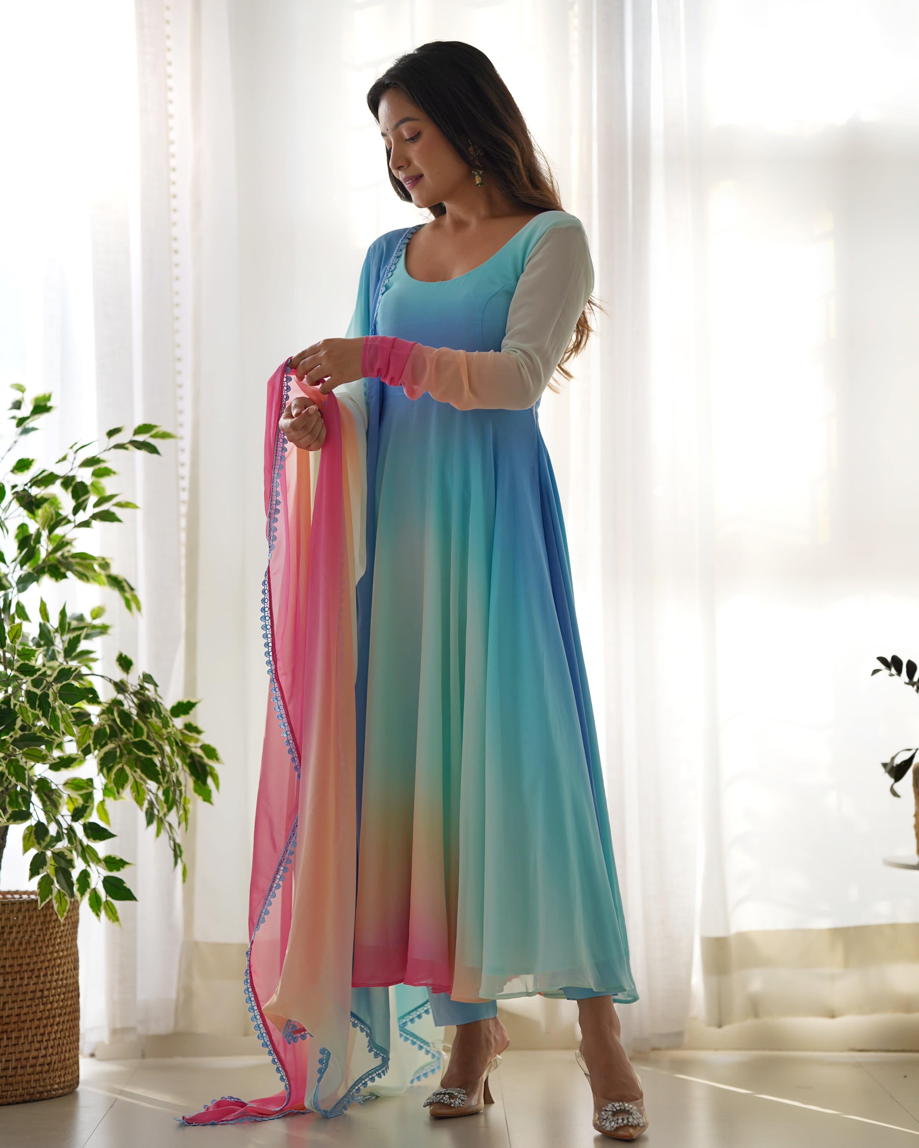 This Colorful Lightweight & Fresh Look Outfit - Pure Soft Fox Georgette Fully Flared Anarkali with Dupatta Set and Pants, Ready to Wear - Perfect for Upcoming Festivities and Weddings