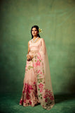 Blush Pink Pure Organza Saree with Hand-Painted White Floral Motifs and Sequin Detailing