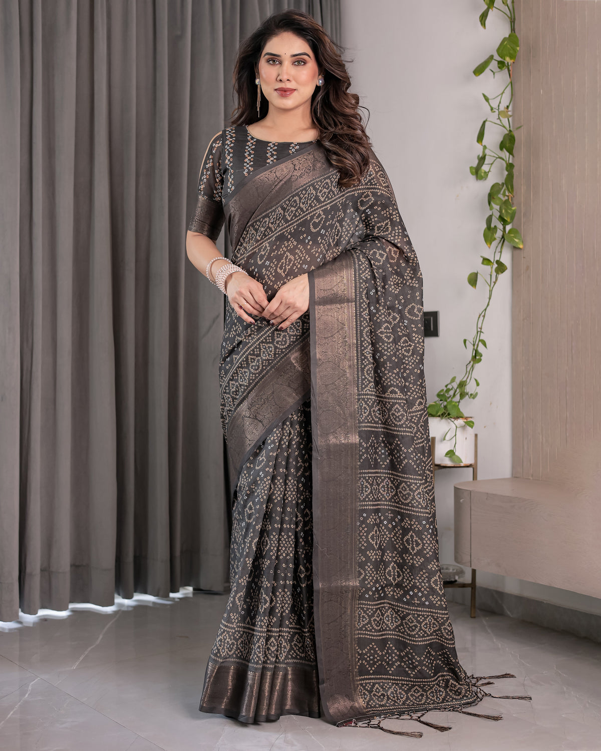 Charcoal Black Handloom Linen Saree with Ivory Tribal Bandhani Print & Zari Border | Tassel Pallu | 5.5m Saree + 0.8m Blouse
