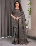Charcoal Black Handloom Linen Saree with Ivory Tribal Bandhani Print & Zari Border | Tassel Pallu | 5.5m Saree + 0.8m Blouse