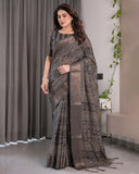 Charcoal Black Handloom Linen Saree with Ivory Tribal Bandhani Print & Zari Border | Tassel Pallu | 5.5m Saree + 0.8m Blouse