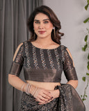 Charcoal Black Handloom Linen Saree with Ivory Tribal Bandhani Print & Zari Border | Tassel Pallu | 5.5m Saree + 0.8m Blouse