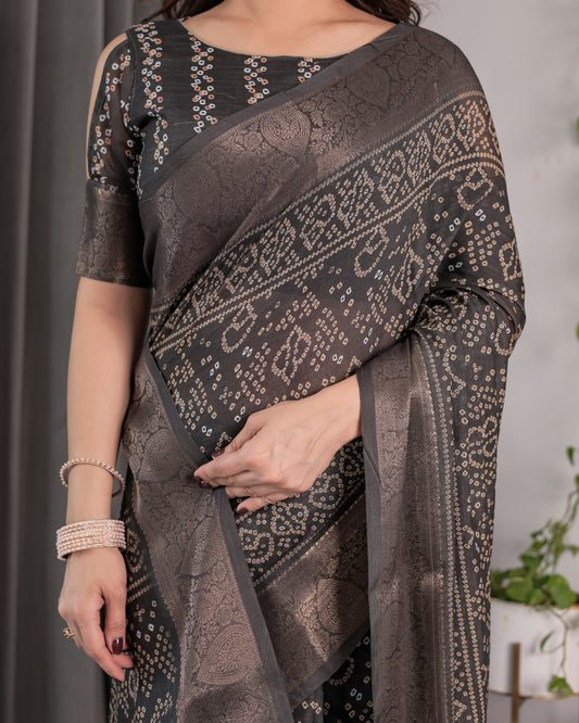 Charcoal Black Handloom Linen Saree with Ivory Tribal Bandhani Print & Zari Border | Tassel Pallu | 5.5m Saree + 0.8m Blouse
