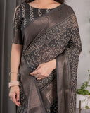 Charcoal Black Handloom Linen Saree with Ivory Tribal Bandhani Print & Zari Border | Tassel Pallu | 5.5m Saree + 0.8m Blouse