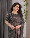Charcoal Black Handloom Linen Saree with Ivory Tribal Bandhani Print & Zari Border | Tassel Pallu | 5.5m Saree + 0.8m Blouse
