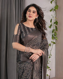 Charcoal Black Handloom Linen Saree with Ivory Tribal Bandhani Print & Zari Border | Tassel Pallu | 5.5m Saree + 0.8m Blouse