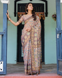 Mauve Beige Handloom Cotton Saree with Pastel Floral Print & Royal Tree-Elephant Pallu