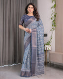 Slate Blue Handloom Linen Floral Printed Saree with Zari Border & Paisley Pallu | 5.5m Saree with 0.8m Blouse Piece | Tassel Finish