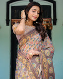 Mauve Beige Handloom Cotton Saree with Pastel Floral Print & Royal Tree-Elephant Pallu