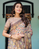 Mauve Beige Handloom Cotton Saree with Pastel Floral Print & Royal Tree-Elephant Pallu