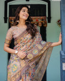 Mauve Beige Handloom Cotton Saree with Pastel Floral Print & Royal Tree-Elephant Pallu