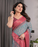 Teal Blue & Rani Pink Handloom Linen Saree with Ethnic Floral Print, Zari Border & Rich Pallu | Tassel Finish | 5.5m Saree + 0.8m Blouse