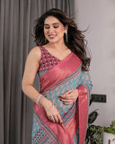 Teal Blue & Rani Pink Handloom Linen Saree with Ethnic Floral Print, Zari Border & Rich Pallu | Tassel Finish | 5.5m Saree + 0.8m Blouse