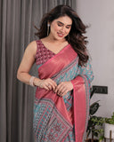 Teal Blue & Rani Pink Handloom Linen Saree with Ethnic Floral Print, Zari Border & Rich Pallu | Tassel Finish | 5.5m Saree + 0.8m Blouse