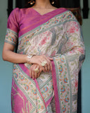 Lavender Beige Handloom Cotton Saree with Floral Vine Print & Majestic Peacock Pallu