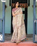 Beige Mauve Handloom Cotton Saree with Subtle Ramayan Print and Heritage Motif Pallu