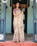 Beige Mauve Handloom Cotton Saree with Subtle Ramayan Print and Heritage Motif Pallu