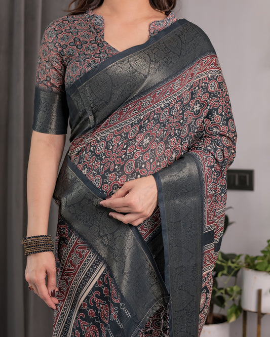 Charcoal Black Handloom Linen Saree with Traditional Ajrakh-Inspired Print & Tassels | 5.5m Saree + 0.8m Blouse Piece | Zari Border