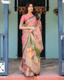 Coral Pink Handloom Cotton Saree with Traditional Folk Procession Print & Classical Dance Pallu