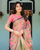 Coral Pink Handloom Cotton Saree with Traditional Folk Procession Print & Classical Dance Pallu