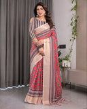 Rust Red Handloom Cotton Linen Saree with Black Floral Buti Print & Zari Border | Ethnic Striped Blouse | 5.5m Saree + 0.8m Blouse Piece