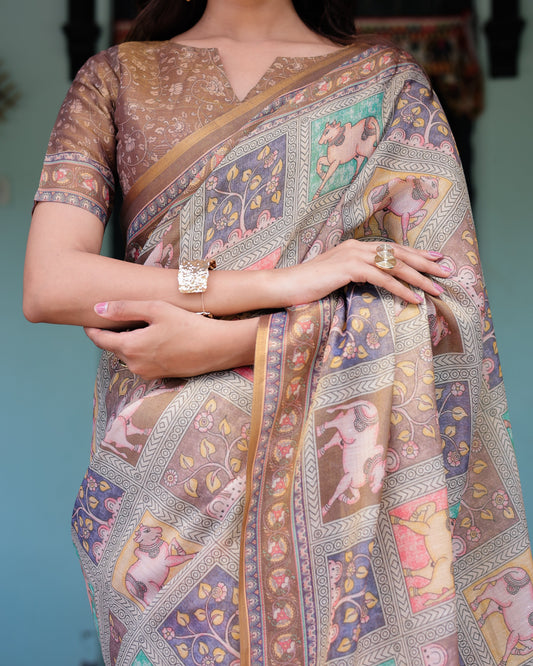 Coffee Brown Handloom Cotton Saree with Classical Art & Sacred Cow Pallu