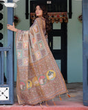 Coffee Brown Handloom Cotton Saree with Classical Art & Sacred Cow Pallu