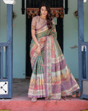 Green Lavender Handloom Cotton Saree with Floral Vines & Heritage Village Pallu