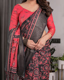 Crimson Red & Black Handloom Linen Saree with Traditional Paisley & Floral Buti Print | Antique Zari Border | 5.5m Saree + 0.8m Blouse