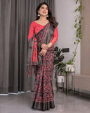 Crimson Red & Black Handloom Linen Saree with Traditional Paisley & Floral Buti Print | Antique Zari Border | 5.5m Saree + 0.8m Blouse