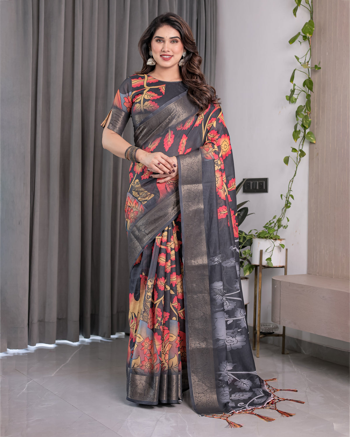 Black Organza-Feel Saree with Red & Grey Floral Digital Prints and Zari Border | Festive Lightweight Drape | 5.5m Saree + 0.8m Blouse Piece