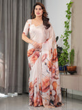 Ivory Beige Satin Georgette Abstract Floral Printed Saree with Attached Blouse – Elegant Designer Saree for Festive & Sophisticated Wear
