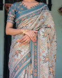 Icy Blue Handloom Cotton Saree with Peach Elephant Motifs & Royal Procession Pallu