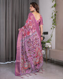 Lavender Pink Handloom Linen Saree with Royal Peacock & Floral Kalamkari Print | Zari Border | 5.5m Saree + 0.8m Blouse Piece