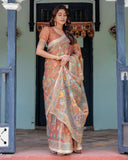Terracotta Handloom Cotton Saree with Blooming Floral Print & Madhubani Fish Pallu