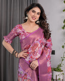 Lavender Pink Handloom Linen Saree with Royal Peacock & Floral Kalamkari Print | Zari Border | 5.5m Saree + 0.8m Blouse Piece