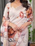 Ivory Beige Satin Georgette Abstract Floral Printed Saree with Attached Blouse – Elegant Designer Saree for Festive & Sophisticated Wear