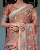 Terracotta Handloom Cotton Saree with Blooming Floral Print & Madhubani Fish Pallu