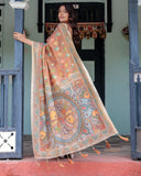 Terracotta Handloom Cotton Saree with Blooming Floral Print & Madhubani Fish Pallu