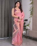 Peach Handloom Cotton Saree with Illustrated Story Panel Prints & Zari Border | Artistic Ethnic Wear | 5.5m Saree + 0.8m Blouse Piece