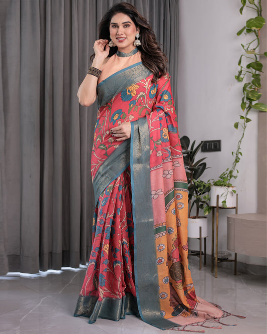 Multicolor Handloom Cotton Saree with Rajasthani Folk Dance Digital Print & Contrast Zari Border | Artistic Cultural Drape | 5.5m Saree + 0.8m Blouse