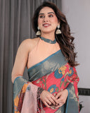 Multicolor Handloom Cotton Saree with Rajasthani Folk Dance Digital Print & Contrast Zari Border | Artistic Cultural Drape | 5.5m Saree + 0.8m Blouse