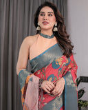 Multicolor Handloom Cotton Saree with Rajasthani Folk Dance Digital Print & Contrast Zari Border | Artistic Cultural Drape | 5.5m Saree + 0.8m Blouse