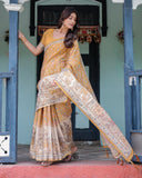Golden Mustard Handloom Cotton Saree with Floral Vines & Graceful Deer Pallu