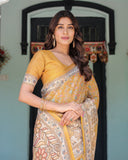 Golden Mustard Handloom Cotton Saree with Floral Vines & Graceful Deer Pallu