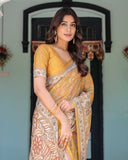 Golden Mustard Handloom Cotton Saree with Floral Vines & Graceful Deer Pallu