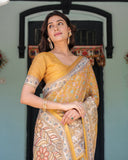 Golden Mustard Handloom Cotton Saree with Floral Vines & Graceful Deer Pallu
