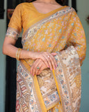Golden Mustard Handloom Cotton Saree with Floral Vines & Graceful Deer Pallu